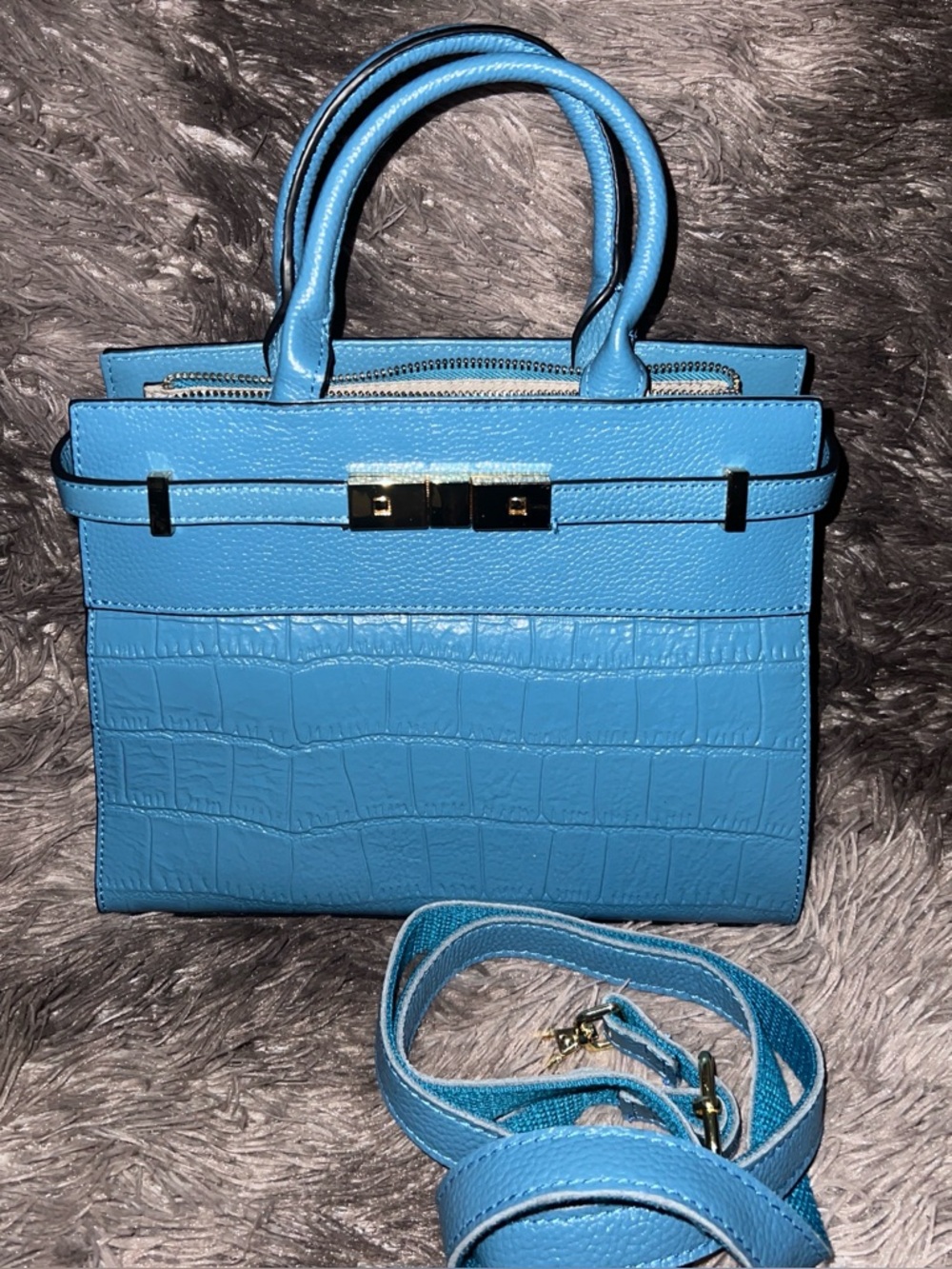 Blue Croc-Embossed Handbag